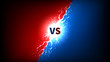 Versus label with lightning effect. Vector illustration with bright thunderstorms and shining lightnings. VS symbol on dark blue and red background.