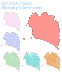 Wall Mural - Ko Pha Ngan sketchy island. Unusual hand drawn island. Vibrant childish style Ko Pha Ngan vector illustration.