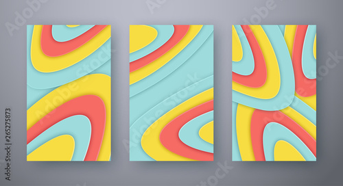 Set of abstract wavy vertical backgrounds in paper art style