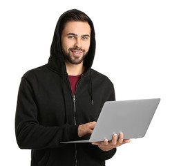 Male programmer with laptop on white background