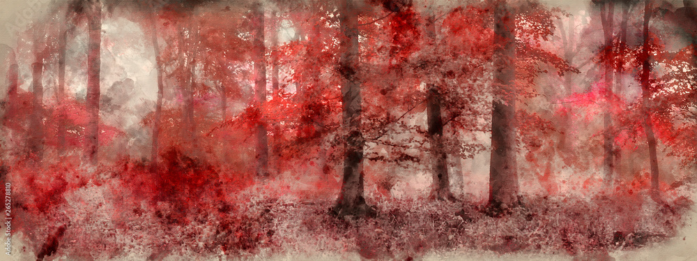 Watercolor painting of Beautiful surreal alternate color fantasy Autumn Fall forest landscape conceptual image - obrazy, fototapety, plakaty 