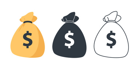 set of money bag icons. line money bag icon , black and white sack, flat money bag vector illustrati