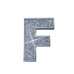 Silver glitter letter F. Shiny sparkling capital letter. 3D rendering