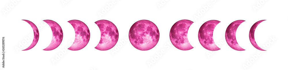 Cycle Moon Pink Phases,Isolated with Clipping Path On White Background, Elements of this image furnished by NASA - obrazy, fototapety, plakaty 