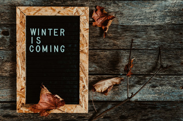 Letter board with white lettering winter is coming on old wooden background. Branch and fallen maple leaves.