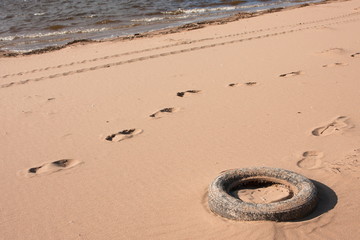 Polluting car tire in the sand on the beach near the water