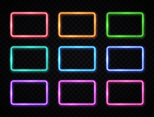 Wall Mural - colorful neon square signs set. glowing color rectangles collection on transparent background. shini