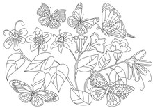 Fancy Flowers With Butterflies For Your Coloring Book