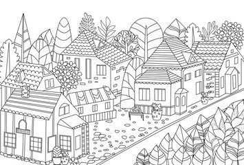 Wall Mural - happy cityscape with fancy trees for your coloring book