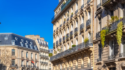 Paris, beautiful buildings in the center, typical parisian facades boulevard de Villiers 