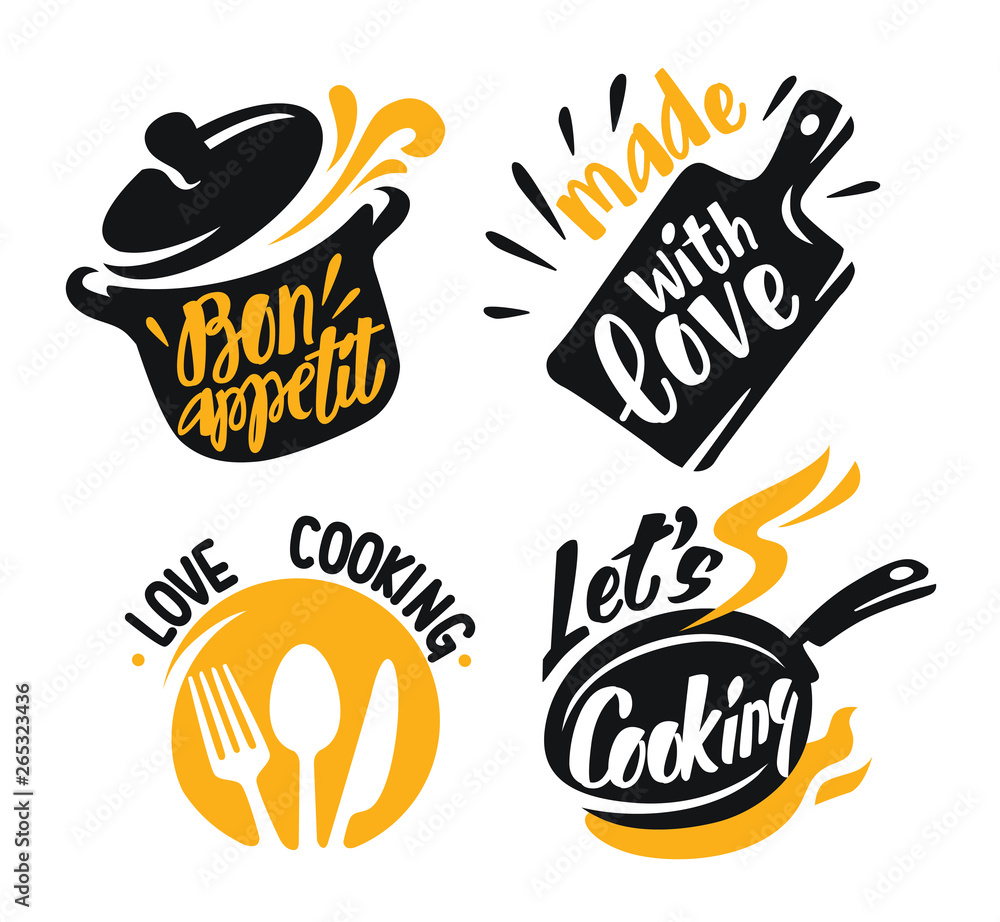 cooking lettering elements icons on white Stock Vector | Adobe Stock