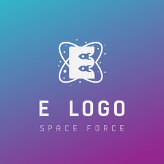 e initial space force logo design galaxy rocket vector in gradient background