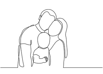 Continuous line drawing of happy family father, mother and one child playing. vector illustration isolated on white background