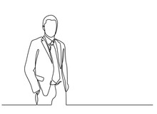Continuous Line Drawing Of Businessman Standing. Vector Illustration Isolated On White Background