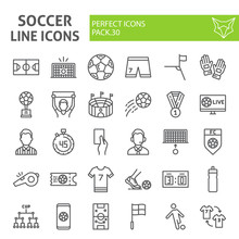 Soccer Line Icon Set, Football Symbols Collection, Vector Sketches, Logo Illustrations, Sport Game Signs Linear Pictograms Package Isolated On White Background.