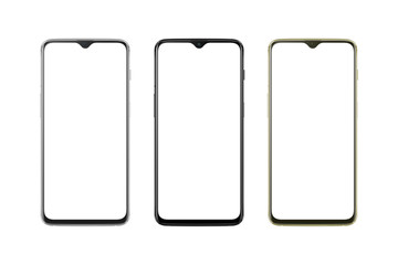Leinwandbilder - Modern thin and round edges phone in silver, black and gold color. White screen for mockup, isolated.
