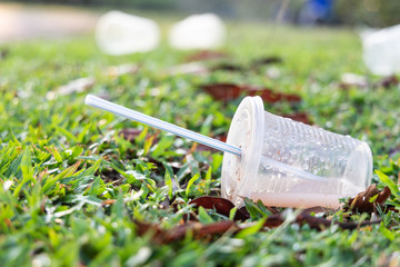 PVC cups litter on public park pose danger to environment