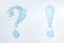 Water Splash With Water Droplets In The Form Of Fluid Question And Exclamation Mark From Water Alphabet, Isolated On Light Background. Liquid Template Fluid Design Element. 3D Render