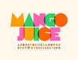 Vector bright emblem Mango Juice with transparent creative Font. Colorful Uppercase Alphabet Letters and Numbers