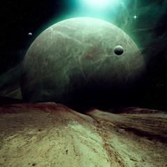 Wall Mural - planet with sattelite rising over dry landscape, sci fi space digital illustration