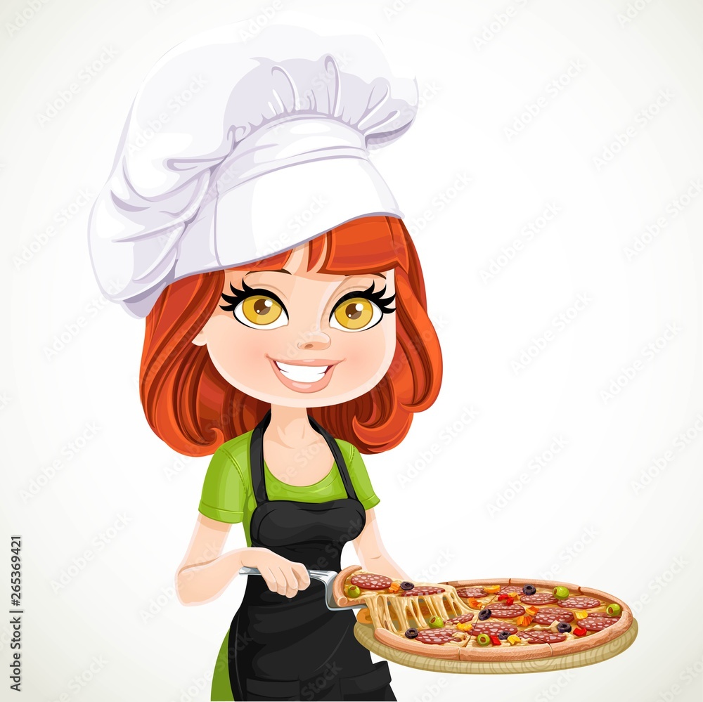 Cute brunette girl chef in black apron offers a taste of pizza isolated on  white background Stock Vector | Adobe Stock, image size:1000x999