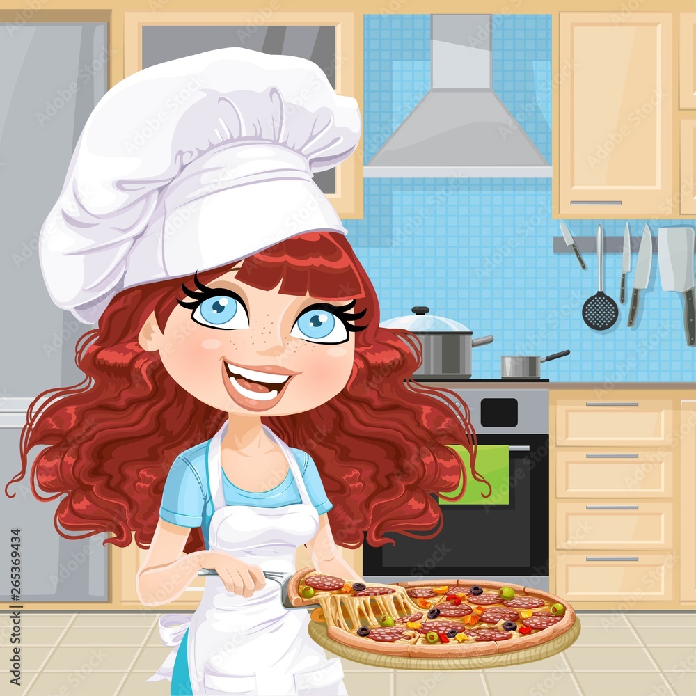 Cute curly hair girl chef offers a taste of pizza in interior light classic  wood kitchen with blue tiles Stock Vector | Adobe Stock, image size:1000x1000