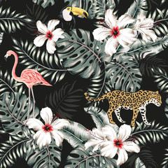 Tropical leopard, flamingo, toucan, monstera palm leaves, hibiscus flower background. Vector seamless pattern illustration. Exotic jungle. Summer beach floral design with animal, bird. Paradise nature