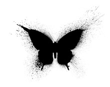 Black Silhouette Of A Butterfly With Paint Splashes And Blots, Isolated On A White Background.