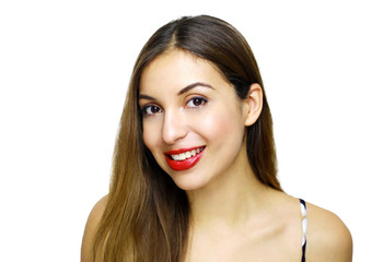 Wall Mural - Close up portrait of happy young woman isolated over white background