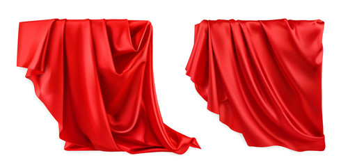 Red curtain vectorized image. Drapery fabric 3d realistic vector
