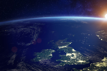united kingdom (uk) from space at night with city lights of the city of london, england, wales, scot