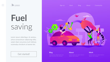 Gas mileage, fuel saving and efficient green eco friendly engine technology concept. Website homepage interface UI template. Landing web page with infographic concept hero header image.