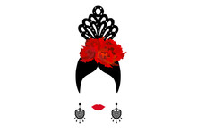 Vector Portrait Of Traditional Latin Or Spanish Woman Dancer , Lady With Traditional Accessories Peineta, Earrings And Red Flower , Flamenco Icon Isolated