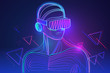 Amazed man wearing virtual reality headset. Abstract vr world with neon lines. Vector illustration