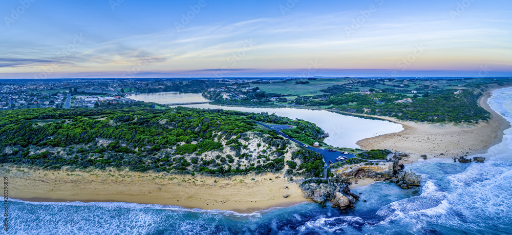 Point Ritchie Warnambool Aerial panorama of Point Ritchie lookout and Hopkins River mouth at ...