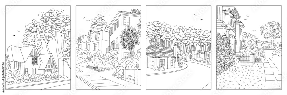 Set of four hand drawn black and white illustrations of middle class ...