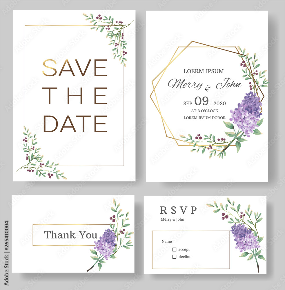Set of Wedding invitation Card,save the date thank you card,rsvp with floral   and leaves, gold border, watercolor style for printing, badge.vector illustration - obrazy, fototapety, plakaty 