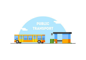 Poster - City Public Transport Banner Template, Bus Stop and Moving Bus Vector Illustration