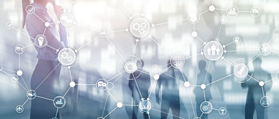 Wall Mural - business process structure industrial workflow diagram automation innovation concept on virtual scre