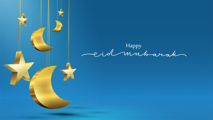 Wall Mural - Eid Mubarak greeting Card Illustration, ramadan kareem vector Wishing for Islamic festival with shining golden moon on empty blue background - Vector