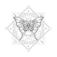 Vector illustration with hand drawn butterfly and Sacred geometric symbol on white background. Abstract mystic sign.