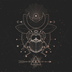 Wall Mural - vector illustration with hand drawn scarab and sacred geometric symbol on black vintage background. 