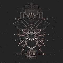 Vector illustration with hand drawn Spider and Sacred geometric symbol on black vintage background. Abstract mystic sign.