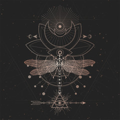 Vector illustration with hand drawn Dragonfly and Sacred geometric symbol on black vintage background. Abstract mystic sign.