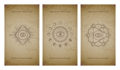 Wall Mural - .Vector set of three vintage backgrounds with geometric symbols and frames. Abstract geometric symbols and sacred mystic signs drawn in lines.