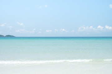 Empty sea, beach and bright sky with white cloud background with copy space for vacation holiday