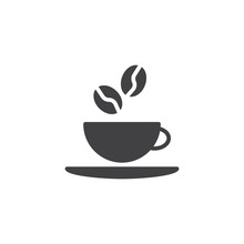 Coffee Cup Vector Icon. Filled Flat Sign For Mobile Concept And Web Design. Coffee Beans And Cup With Saucer Glyph Icon. Coffee Shop Symbol, Logo Illustration. Pixel Perfect Vector Graphics