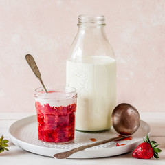 Canvas Print - Crushed Strawberries with Milk