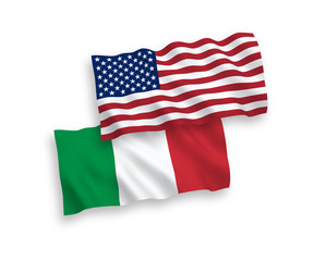 National vector fabric wave flags of Italy and America isolated on white background. 1 to 2 proportion.