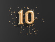 10 years old. Gold balloons number 10th anniversary, happy birthday congratulations. 3d rendering.